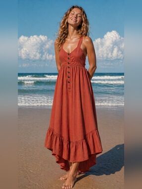 Free People Beach Button-Front Ruffle Hem Maxi Dress In Rust Size M